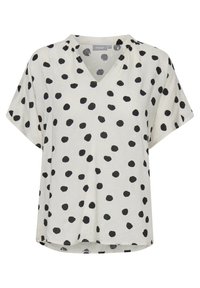 Blusa a V in un tessuto leggero color crema con pois neri. Presenta maniche corte e una vestibilità rilassata con orlo arrotondato.