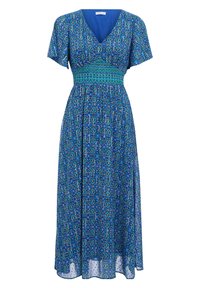 Robe à imprimé bleu avec manches courtes, col en V et taille smockée. Présente un motif géométrique dans différentes nuances de bleu et de vert.