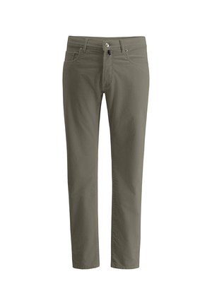 Gerade geschnittene Hose aus Baumwollmischung in Olivgrün, mit einem strukturierten Rippdesign, fünf Taschen und einem Reißverschluss mit Knopfverschluss.