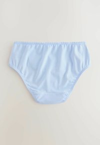 Light blue cotton women's brief underwear with elastic waistband and decorative scalloped edge, laid flat on a plain background.
