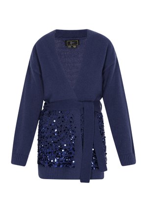Morski kardigan s dugim rukavima, pleteni materijal, te prednja strana ukrašena sequins detaljima. Ima odgovarajući pojas za zatvaranje.