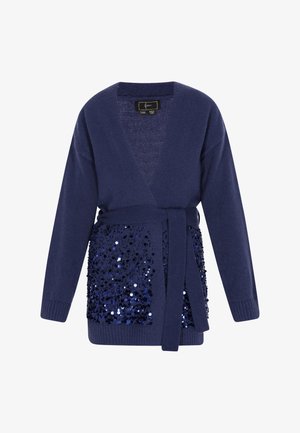 Navy wrap cardigan with long sleeves, knit fabric, and a sequin-embellished front. Features a matching belt for closure.