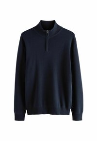 Marineblauer Strickpullover mit hohem Rippkragen, halblanger Reißverschlussvorn, langen Ärmeln sowie gerippten Bündchen und Saum. Glatte Textur, minimalistisches Design.