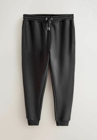 Pantalon de jogging noir avec une taille élastique, un cordon de serrage, des poches latérales et des bords côtelés. Tissu lisse et doux avec un design simple.
