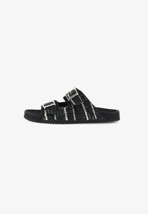 Black slide sandals featuring sequined stripes, two adjustable straps with silver buckles, and a textured rubber sole.