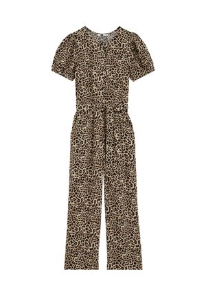 Jumpsuit med leopardprint, korte puffærmer, knaplukning foran, bånd i taljen og bukser med vide ben i beige og sort mønster.