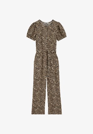 Šviesiai ruda su juodais Leopardų rašto kombinezonas su trumpomis pūstomis rankovėmis, sagomis priekyje, liemens juosta ir platėjančiomis kelnėmis.