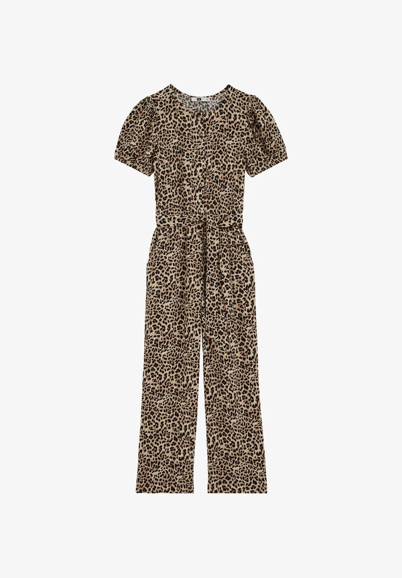 Combinaison à imprimé léopard avec manches courtes bouffantes, boutonnière à l'avant, ceinture à la taille et pantalons à jambes larges dans un motif beige et noir.