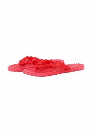 Pair of red woven flat sandals with gathered fabric straps and thong design, set against a white background.
