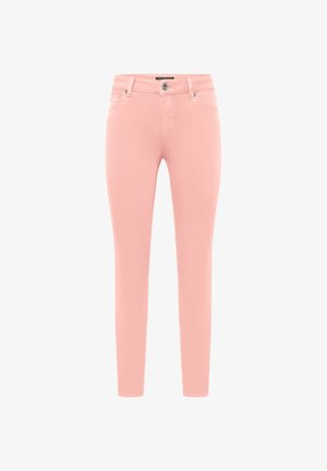 Lyserøde, slanke jeans med knapper foran, bæltestropper og klassisk design med fem lommer, vist mod en hvid baggrund.