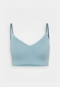 Hellblaue Bralette mit V-Ausschnitt, aus weichem Material, verstellbaren grauen Trägern und ohne Verschlüsse, die einen nahtlosen Look bieten.