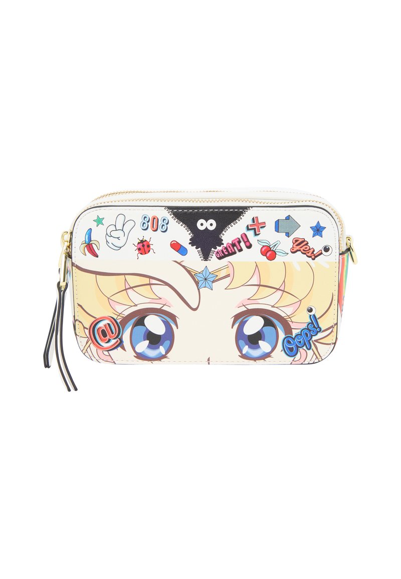 Pochette bianca con zip, caratterizzata da una faccia da cartone animato con grandi occhi blu. Decorata con vari adesivi e accenti colorati.