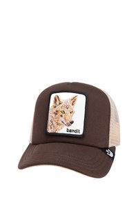 Cappello marrone con retro in rete color sabbia, presente un patch quadrato con un'illustrazione di una volpe e il testo "bandito" in nero.
