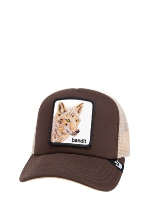 Brown cap with a tan mesh back, featuring a square patch of a fox illustration and the text "bandit" in black.
