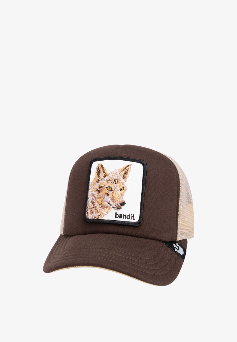 Brown cap with a tan mesh back, featuring a square patch of a fox illustration and the text "bandit" in black.