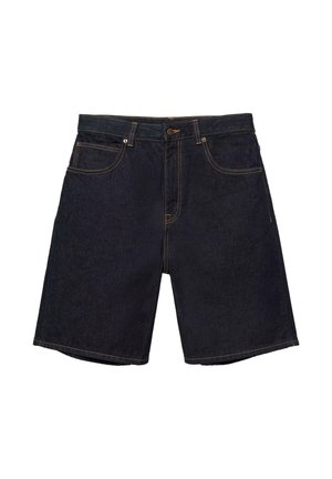 Pantaloni scurți din denim albastru închis, cu buzunare frontale și posterioare, închidere cu nasturi și detalii vizibile de cusătură.