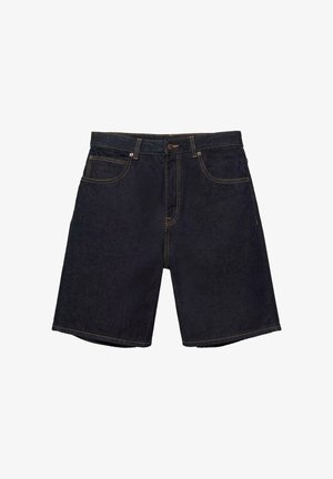 Pantaloni scurți din denim albastru închis, cu buzunare frontale și posterioare, închidere cu nasturi și detalii vizibile de cusătură.