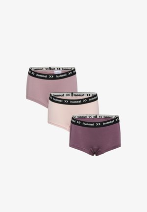 Tre dameboxershorts i pink, lyserød og lilla med sorte linninger, der har det hvide "hummel" logo og pile.