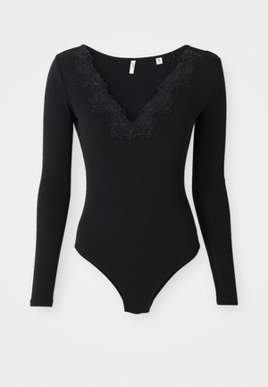 Black long-sleeve bodysuit with a V-neckline featuring a lace floral design around the collar. Smooth fabric; fitted silhouette.