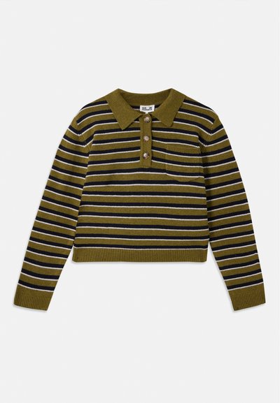 Sweter w paski o zielonej bazie, z poziomymi paskami w kolorze czarnym i białym, z kołnierzykiem, trzema guzikami oraz kieszonką na piersi.