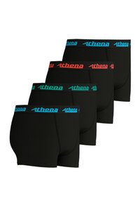 Ensemble de boxers noirs composé de quatre paires, avec des ceintures élastiques rouges et bleues arborant la marque "Athena". Tissu doux et extensible.