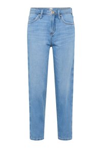 Lyseblå denimjeans med lige ben, fem lommer og knaplukning. Har minimal falmning og diskrete syninger.