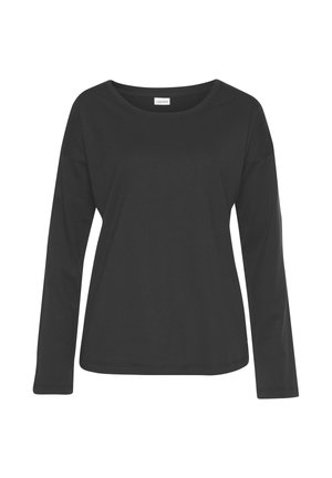 Schwarzes Langarm-T-Shirt aus weicher Baumwolle mit rundem Ausschnitt und lockerem Schnitt. Einfaches Design ohne Muster oder Verzierungen.