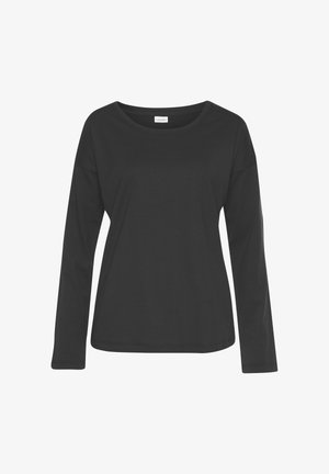 Black long-sleeve T-shirt in soft cotton, featuring a rounded neckline and relaxed fit. Simple design without patterns or embellishments.