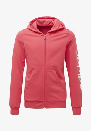 Pinkfarbener Kapuzenpullover mit durchgehendem Reißverschluss, Kängurutaschen und weißem Logo auf dem linken Ärmel. Hergestellt aus weichem, strukturiertem Stoff.