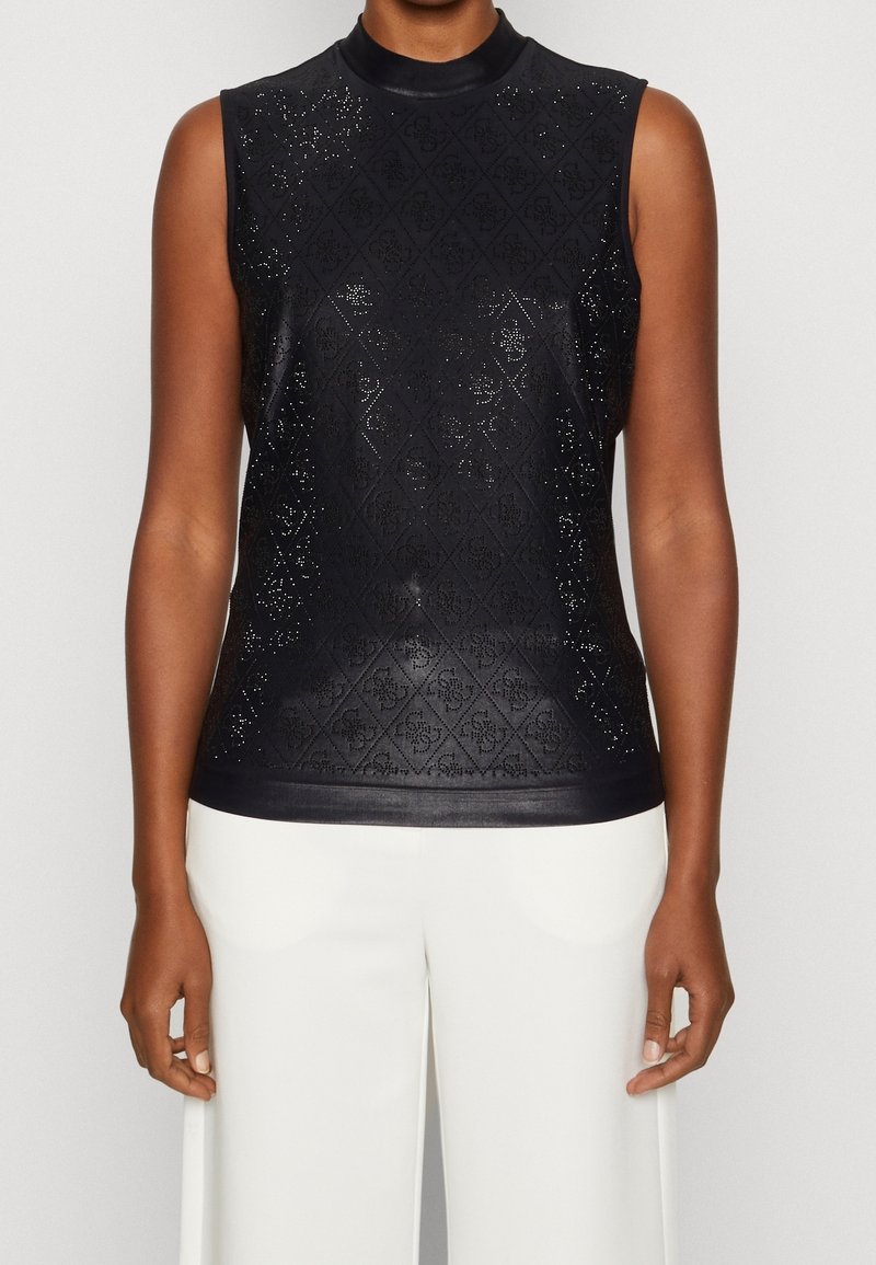 Haut sans manches noir avec col montant, présentant un motif texturé et des embellissements subtils. Tissu lisse avec une silhouette ajustée.