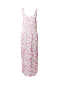 Blumenkleid in Midi-Länge mit pinkem Hintergrund und weißem Blumenmuster, mit einem runden Ausschnitt und breiten Schulterträgern. Glatte Stoffqualität.