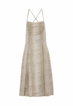 Beigefarbenes ärmelloses Midikleid mit dünnen, gekreuzten Spaghettiträgern und fein strukturiertem Muster im gesamten Stoff.