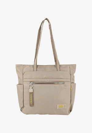 Bolso tote beige con asas largas, bolsillo frontal con cremallera con etiqueta "LOIS JEANS" y pequeña etiqueta "Lois Spanish Brand 1962" en la parte inferior derecha.