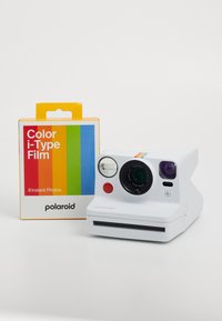 Polaroid instant camera in white with a rainbow accent, alongside a yellow box for Color i-Type Film, containing 8 instant photos.