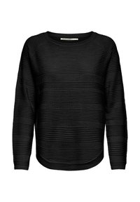 Schwarzer Strickpullover mit horizontalen strukturierten Streifen, rundem Halsausschnitt und langen Ärmeln. Der Saum ist unten leicht abgerundet.