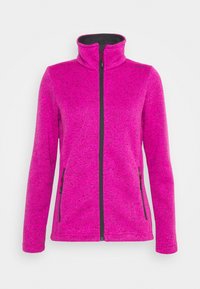 Giacca in pile di un rosa brillante con colletto alto, zip completa e due tasche laterali con zip. Texture morbida con un sottile motivo melange.