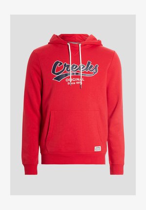 Rode hoodie met een voorzak, een capuchon met trekkoord en een groot "Creeks" logo. Katoenen materiaal met elastische manchetten en tailleband.