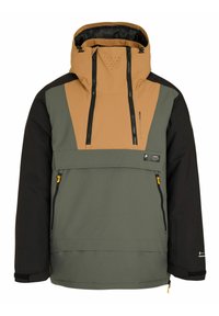 Farbblockiertes Pullover-Jackett mit einer braunen Kapuze, schwarzen Ärmeln, olivgrünem Körper, Fronttaschen und atmungsaktiven Belüftungsöffnungen.