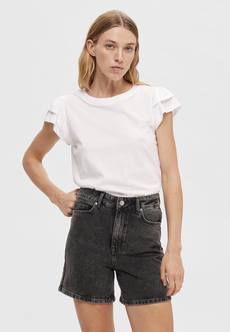 Selected Femme - SLFCAMILA RUFFLE TEE - Majica kratkih rukava s printom - bright white, Povećaj