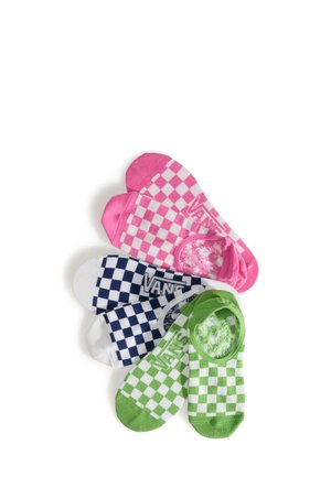 Cuatro pares de calcetines tobilleros con patrones de tablero de ajedrez en rosa, blanco, verde y azul marino. Material de algodón suave con detalle de logo.