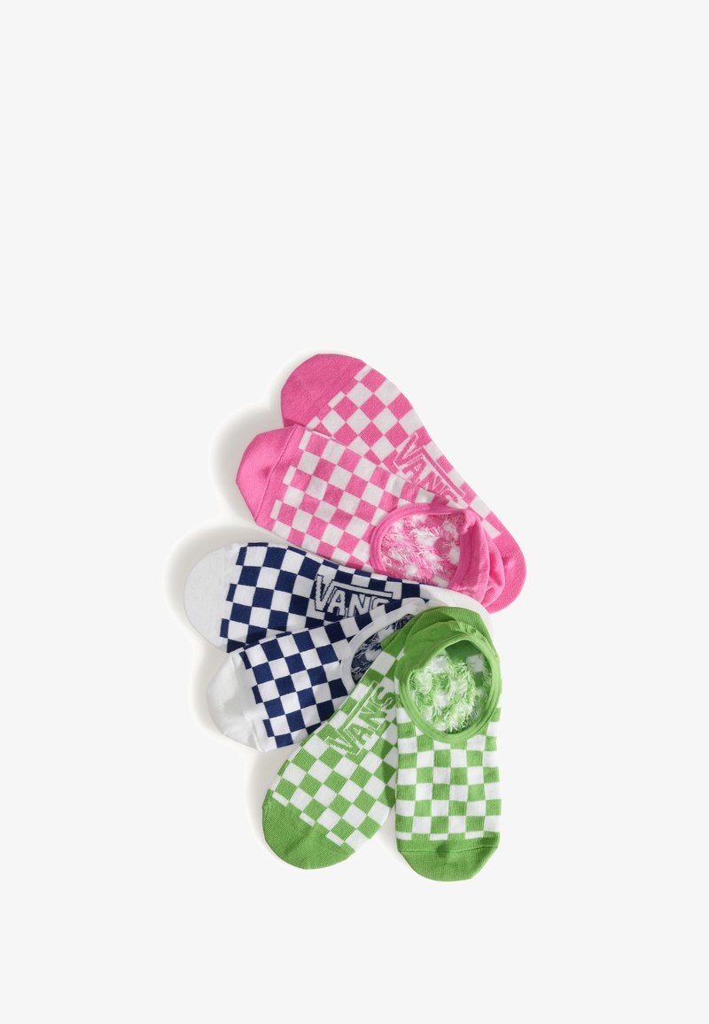 Quatre paires de chaussettes basses arborant des motifs damier en rose, blanc, vert et marine. Matière en coton doux avec un détail de logo.