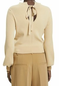 Pull beige en tricot côtelé avec une ouverture en trou de serrure au dos et une fermeture à nouer. Manches longues légèrement bouffantes. Associé à un pantalon tailleur marron clair.