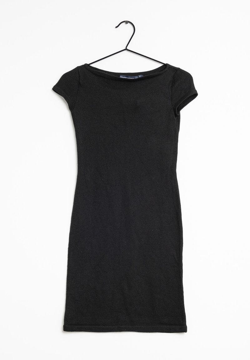 Black, short-sleeve dress made from soft fabric, featuring a fitted design and crew neckline, with a straight hem and no visible patterns.