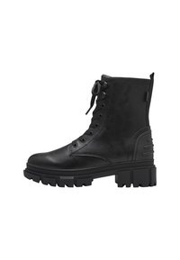 Bottine en cuir noir avec fermeture à lacets, surface texturée, semelle en caoutchouc épaisse et accents sur les côtés. Dotée d'un col rembourré pour plus de confort.