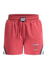 Red athletic shorts made from breathable fabric. Features an elastic waistband with drawstring, side accents in black and white, and logo detail.
