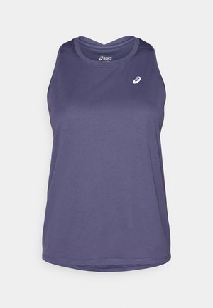 Lilla ilma varrukateta sportlik topp, mis on valmistatud kergest kangast, millel on ümara kaelusega ja vaevumärgatava brändi logo ees.