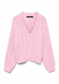 Pull en maille torsadée rose avec un col en V profond, des manches longues, des poignets et un ourlet côtelés, posé à plat sur un fond blanc.