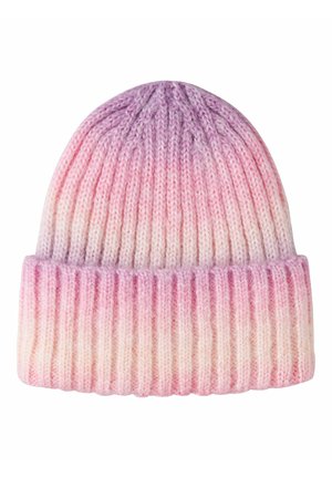 Bonnet tricoté à côtes avec bord replié dans un dégradé du rose clair au violet.