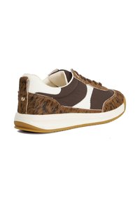 Brown and cream sneaker featuring a textured upper with a hair-on-hide design, lace-up front, and a rubber sole with a rounded toe.