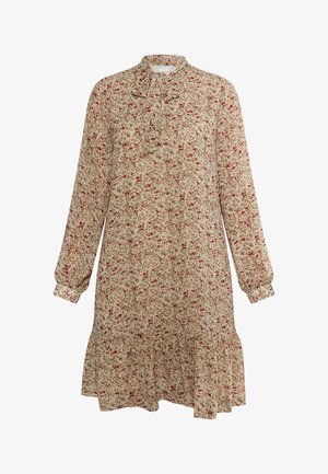 Hosszú ujjas ruha könnyű anyagból, bézs háttérrel, vörös és zöld virágmintával, gallérral és bővülő szegéllyel.